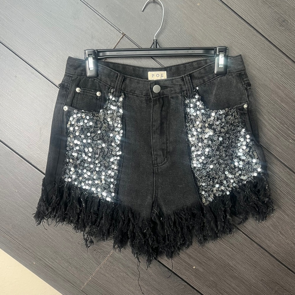 POL Women's Black Sequin Fringe Denim Shorts Festival Boho Size M BOHO Western
